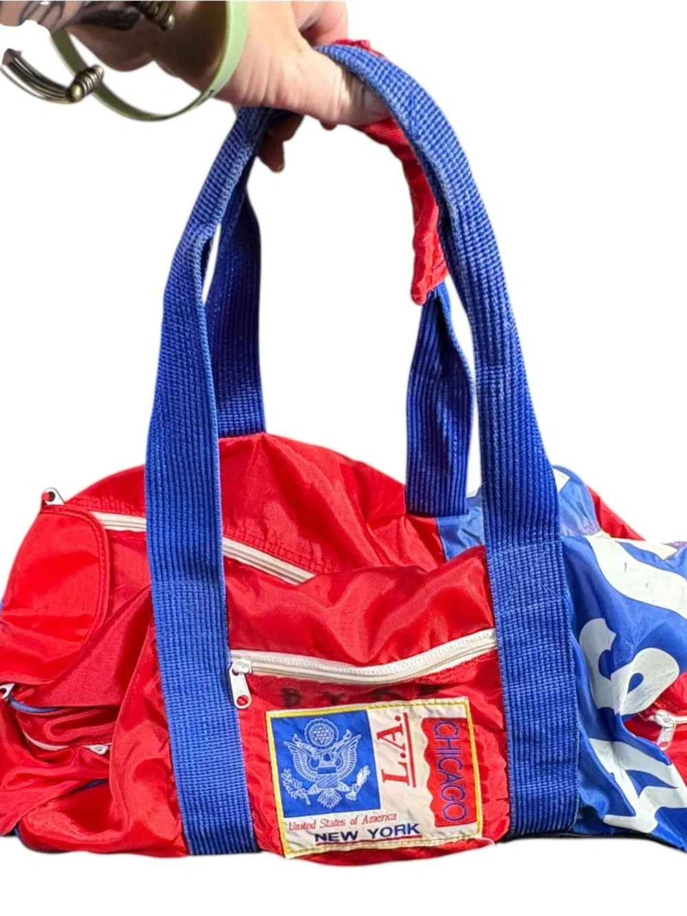 Vintage USA Duffel Bag Red Blue New York Chicago Retro Travel Gym
